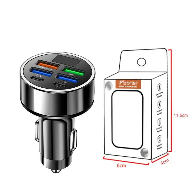 New PD Car Charger Fast Charge One to Six 6-in-1 Car Plug Car Charger Flash Charge With Digital Display