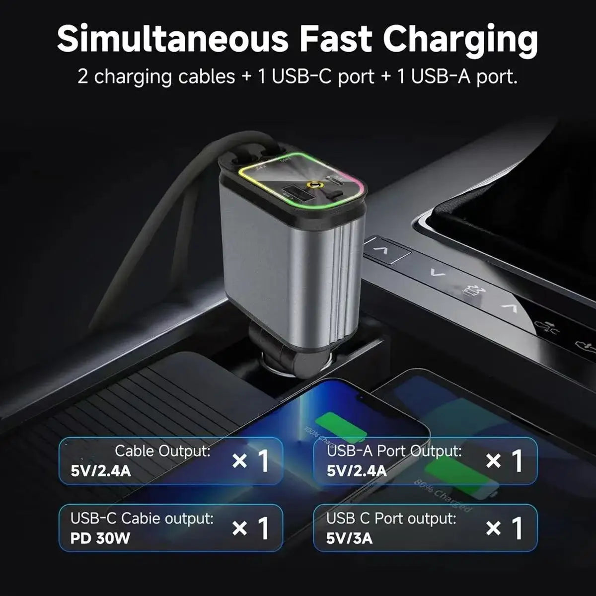 CTX Fast Charging 4 in 1 Retractable Car Phone Station Charger 2 Cables Type C PD Quick Adapter with Ambient Star Light