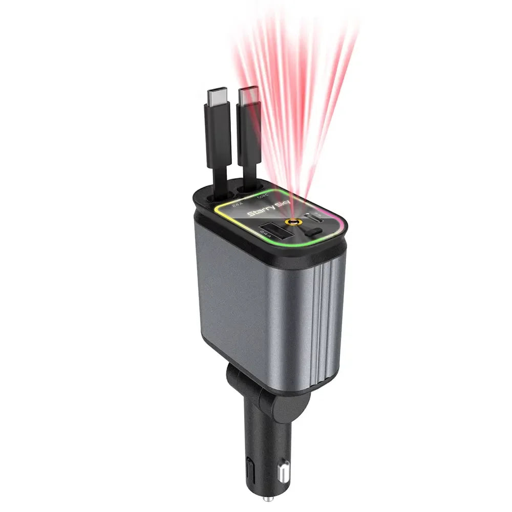CTX Fast Charging 4 in 1 Retractable Car Phone Station Charger 2 Cables Type C PD Quick Adapter with Ambient Star Light