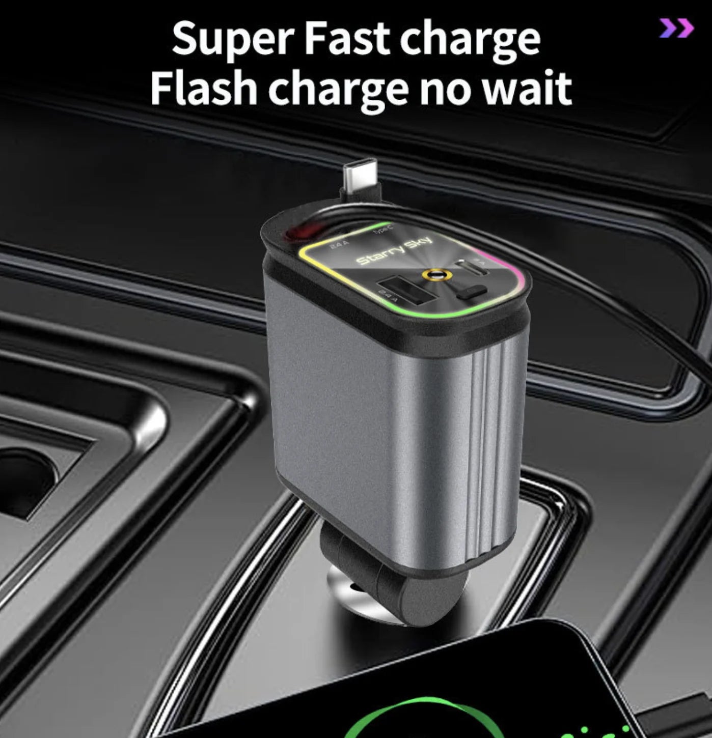 CTX Fast Charging 4 in 1 Retractable Car Phone Station Charger 2 Cables Type C PD Quick Adapter with Ambient Star Light