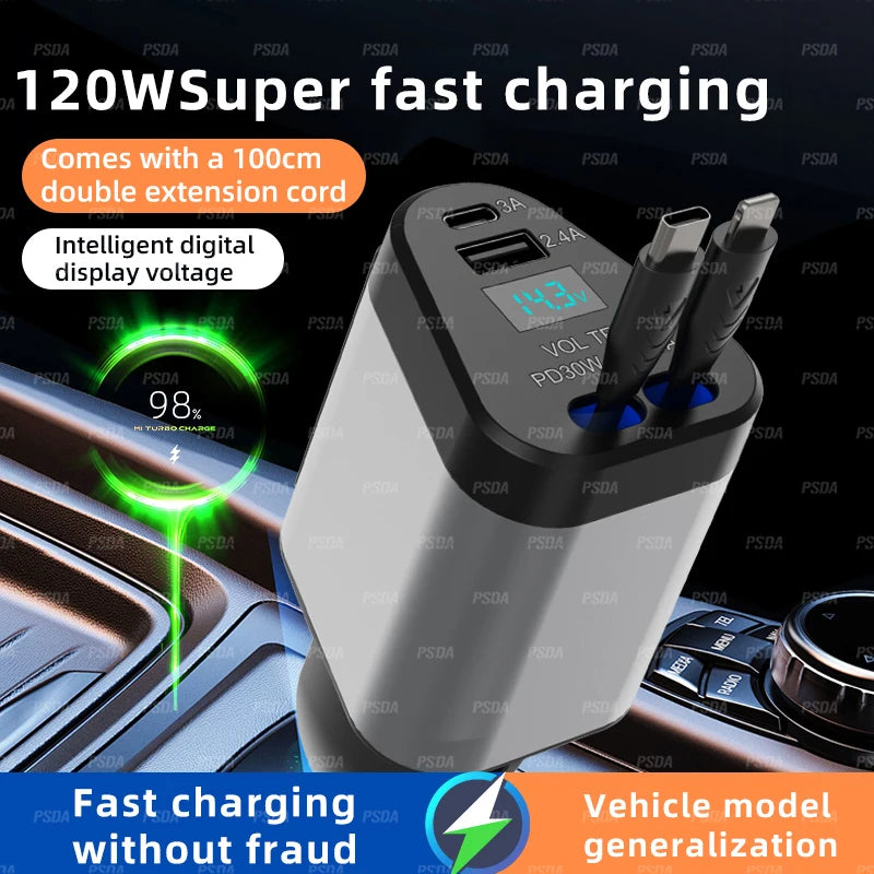 4 in 1 100CM 70cm LCD Retractable Car Charger Fast USB C 120W Dual USB PortsVoltage Display Car Charger for iPhone 16 Galaxy S23