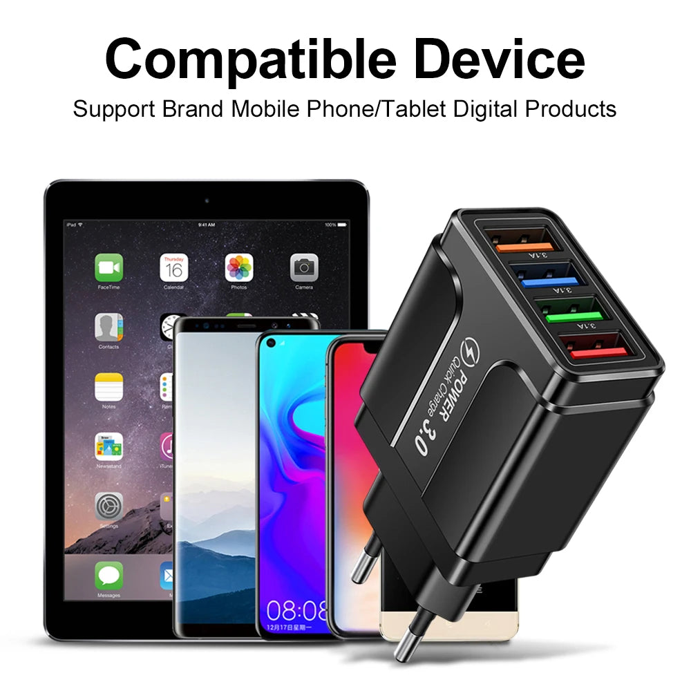 Fast 4 USB Charger Quick Charge 3.0 Fast USB Wall Charger Portable Mobile Charger QC 3.0 Adapter for Xiaomi iPhone X EU US Plug