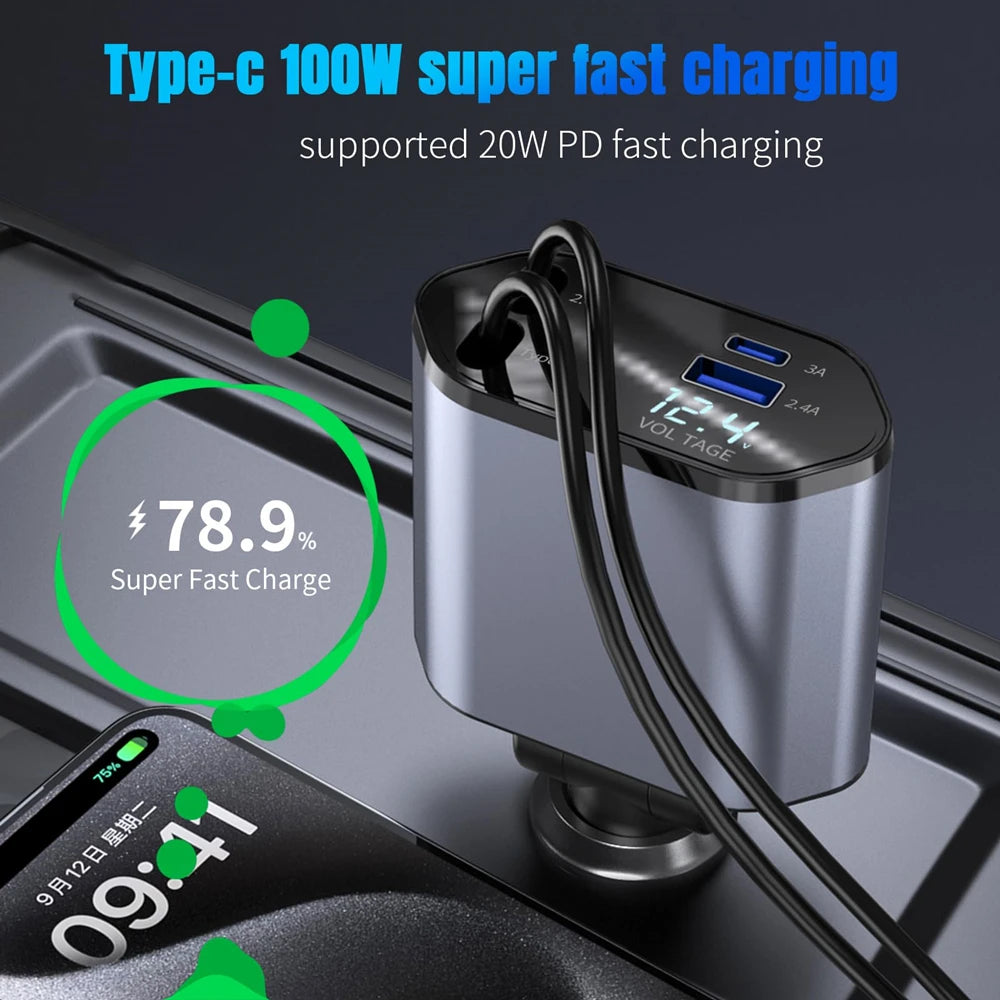 Trending Products 2025 100W 4 in 1 Super Fast Charge Car Phone Charger With Digital Display Type c for iphone 15 Pro Max 16 14