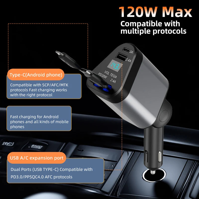 4 in 1 100CM 70cm LCD Retractable Car Charger Fast USB C 120W Dual USB PortsVoltage Display Car Charger for iPhone 16 Galaxy S23