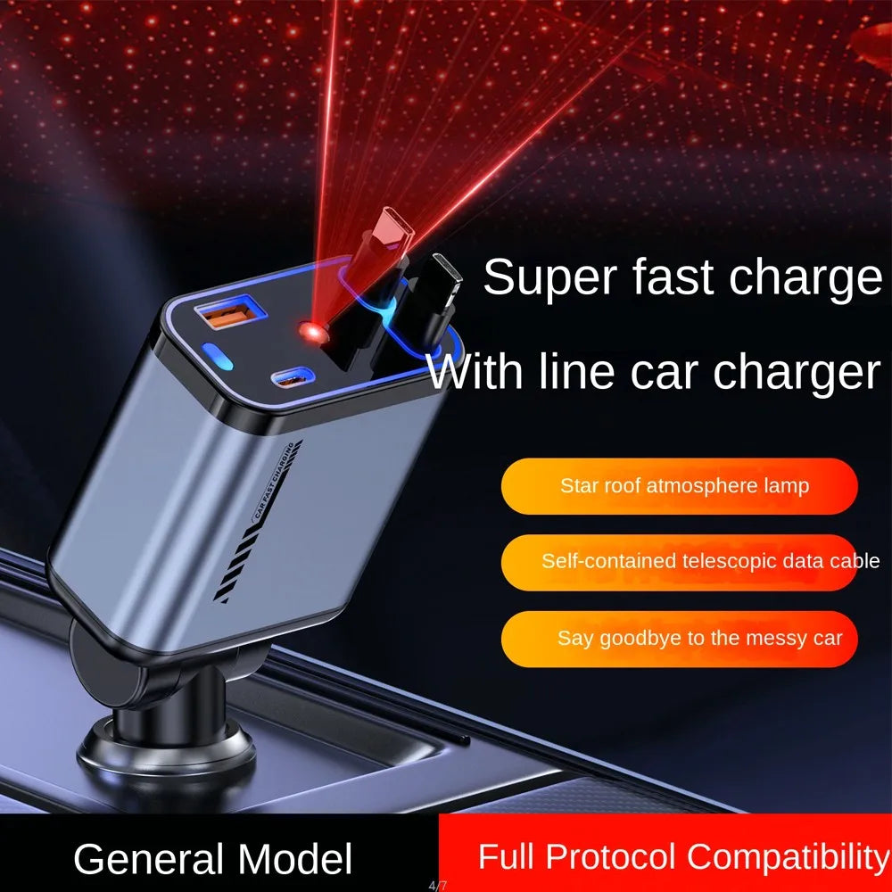 1-Starlight Retractable Car Charger 15W/20W Output Multifunction Car Phone Charger for Phone Electric Retractable Cable OTP Box