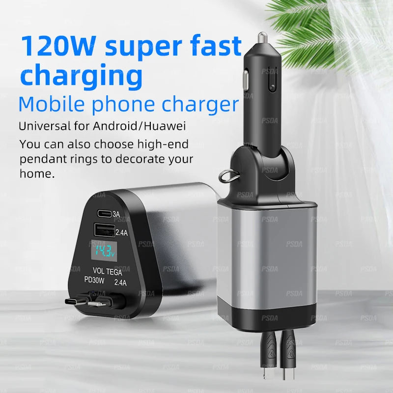 4 in 1 100CM 70cm LCD Retractable Car Charger Fast USB C 120W Dual USB PortsVoltage Display Car Charger for iPhone 16 Galaxy S23
