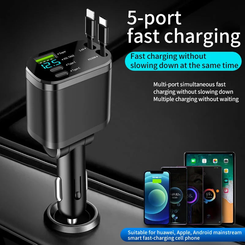 Car Charger 5 Port 65W 12 24V Output TYPE C Car Adapters with QC 3.0 Function