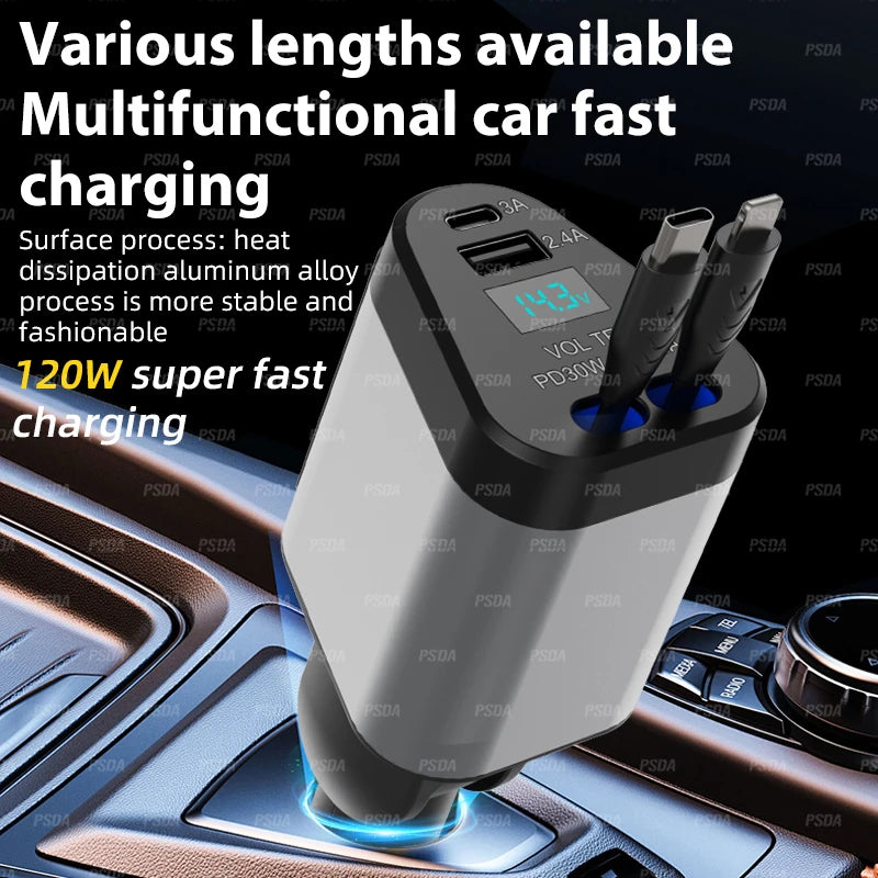 4 in 1 100CM 70cm LCD Retractable Car Charger Fast USB C 120W Dual USB PortsVoltage Display Car Charger for iPhone 16 Galaxy S23