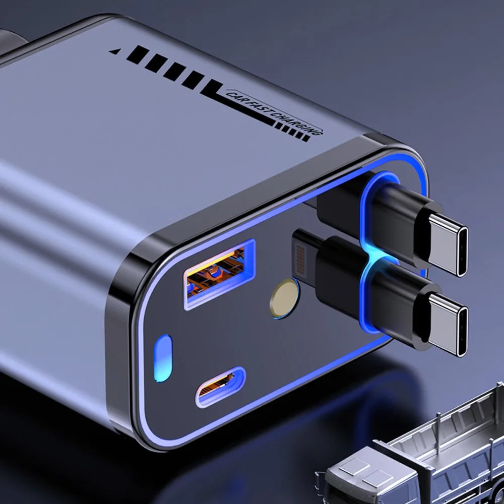 1-Starlight Retractable Car Charger 15W/20W Output Multifunction Car Phone Charger for Phone Electric Retractable Cable OTP Box