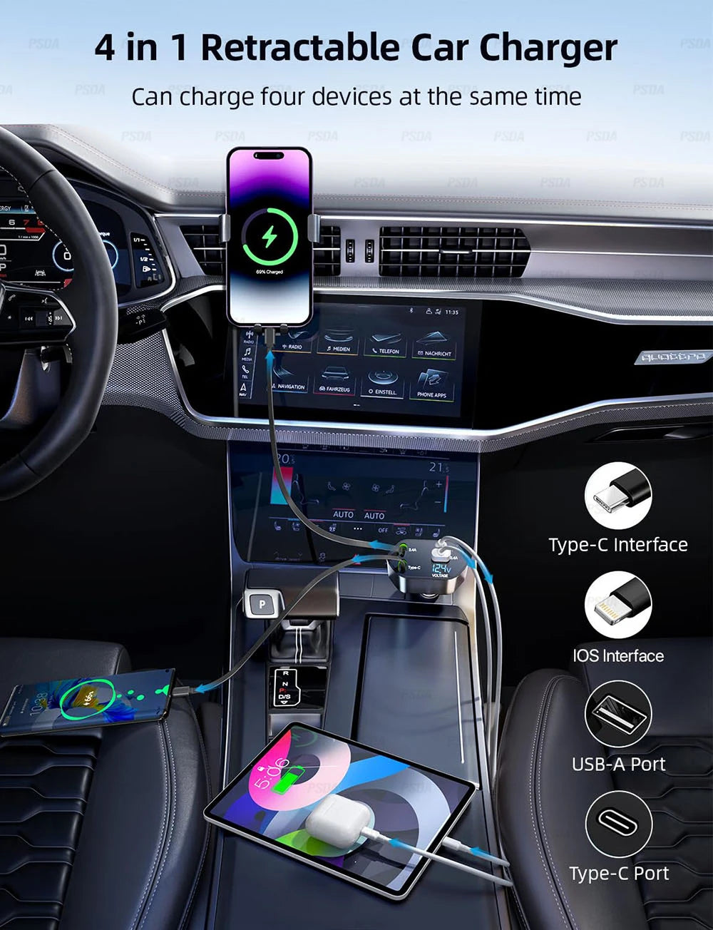 Retractable Car Charger 66W 4 in 1 Fast Charge Car Phone Charger Retractable Cable 2 USB Ports Car Charger Adapter for iPhone 15