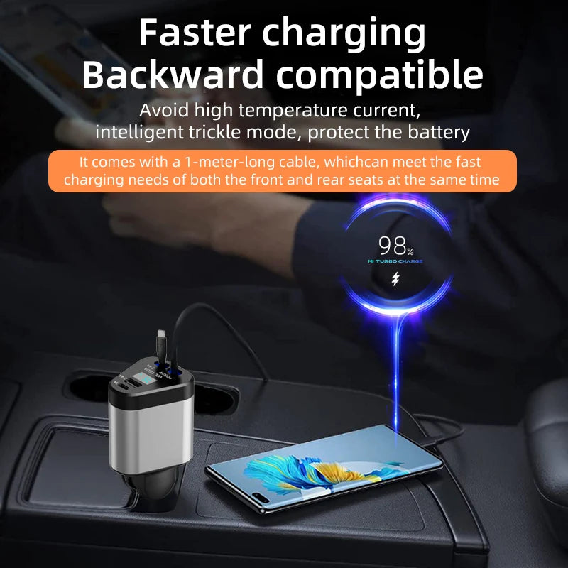 4 in 1 100CM 70cm LCD Retractable Car Charger Fast USB C 120W Dual USB PortsVoltage Display Car Charger for iPhone 16 Galaxy S23