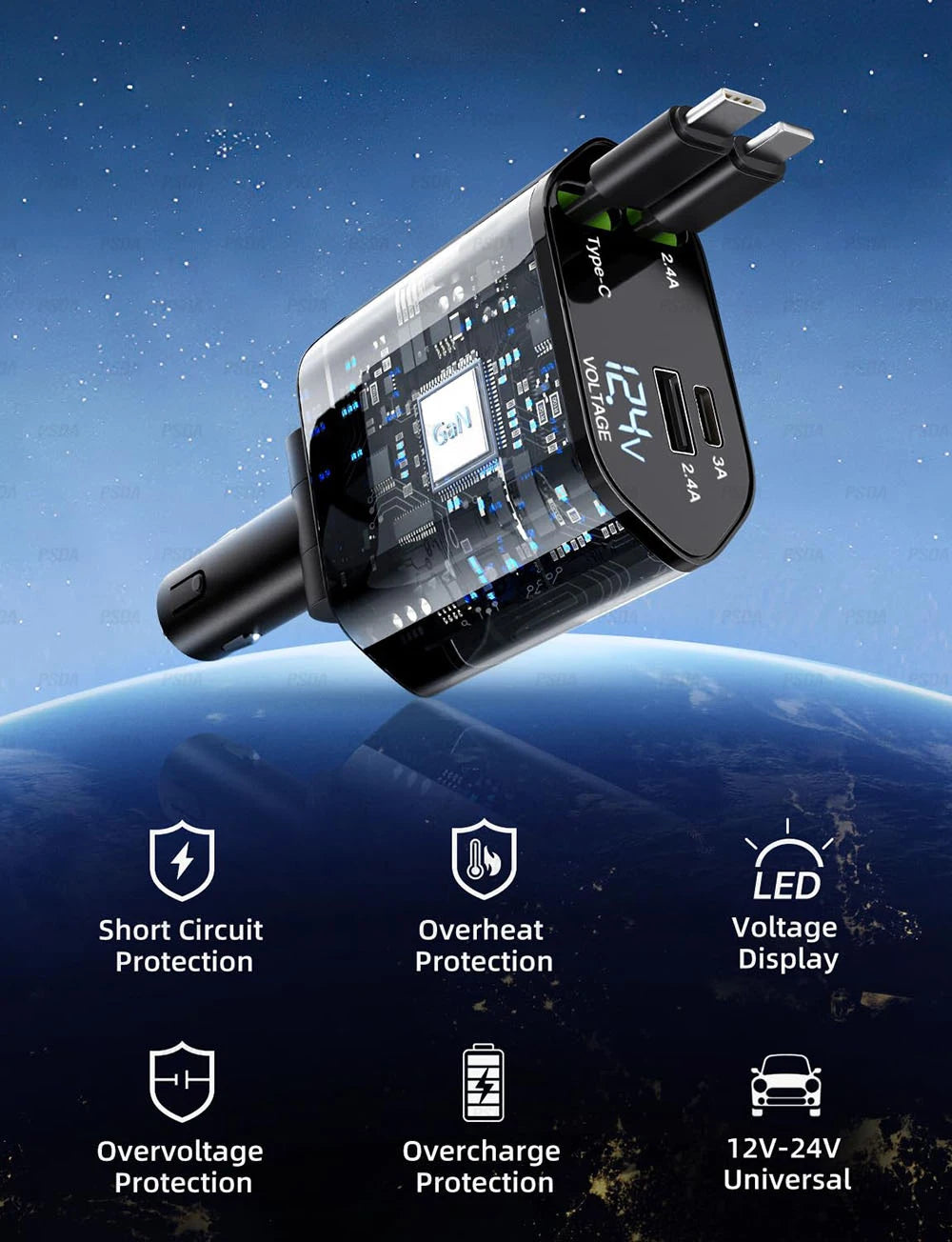 Retractable Car Charger 66W 4 in 1 Fast Charge Car Phone Charger Retractable Cable 2 USB Ports Car Charger Adapter for iPhone 15