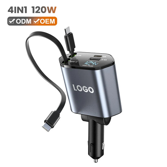 Retractable Car Charger 66W 4 in 1 Fast Charge Car Phone Charger Retractable Cable 2 USB Ports Car Charger Adapter for iPhone 15