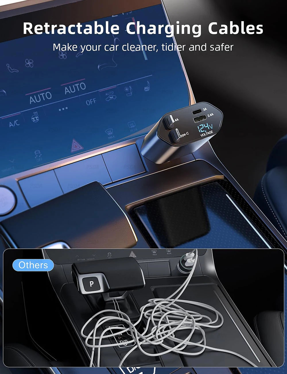 Retractable Car Charger 66W 4 in 1 Fast Charge Car Phone Charger Retractable Cable 2 USB Ports Car Charger Adapter for iPhone 15