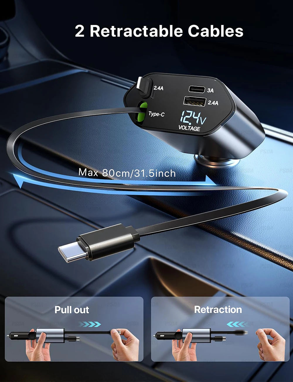 Retractable Car Charger 66W 4 in 1 Fast Charge Car Phone Charger Retractable Cable 2 USB Ports Car Charger Adapter for iPhone 15