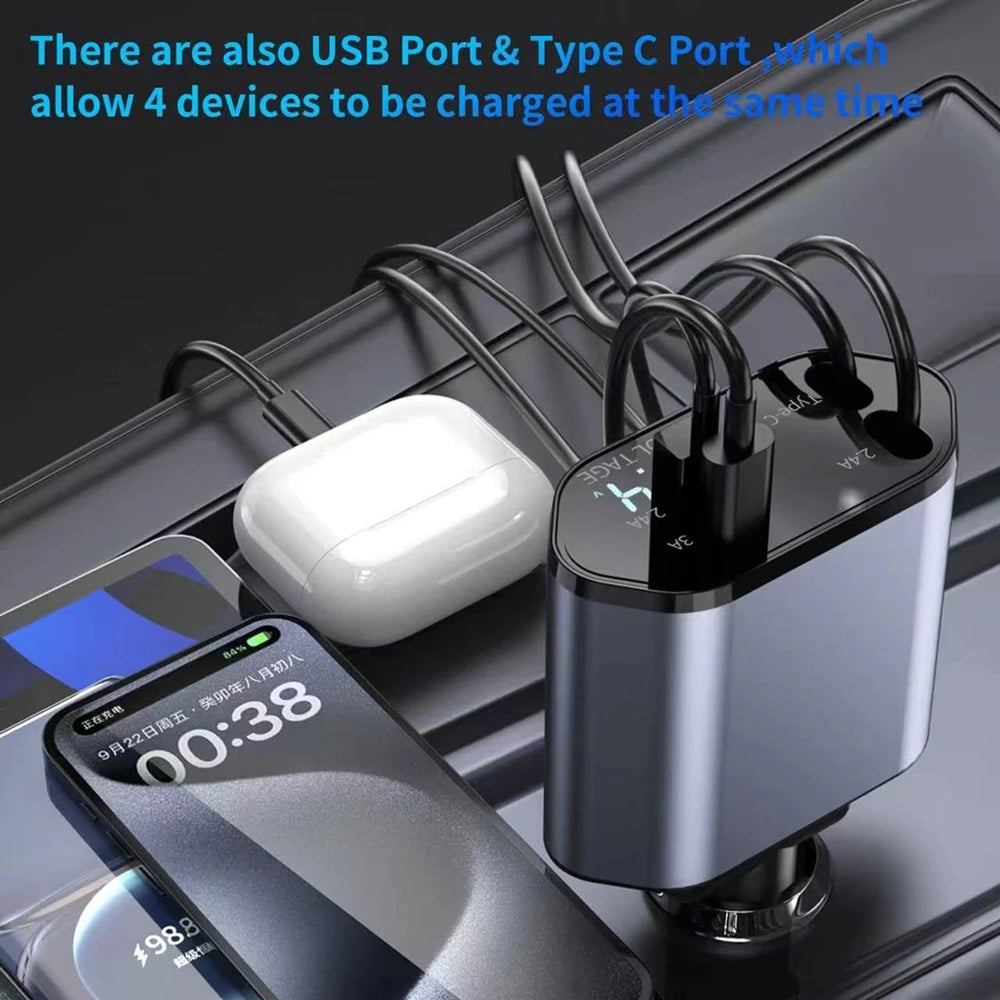 Trending Products 2025 100W 4 in 1 Super Fast Charge Car Phone Charger With Digital Display Type c for iphone 15 Pro Max 16 14