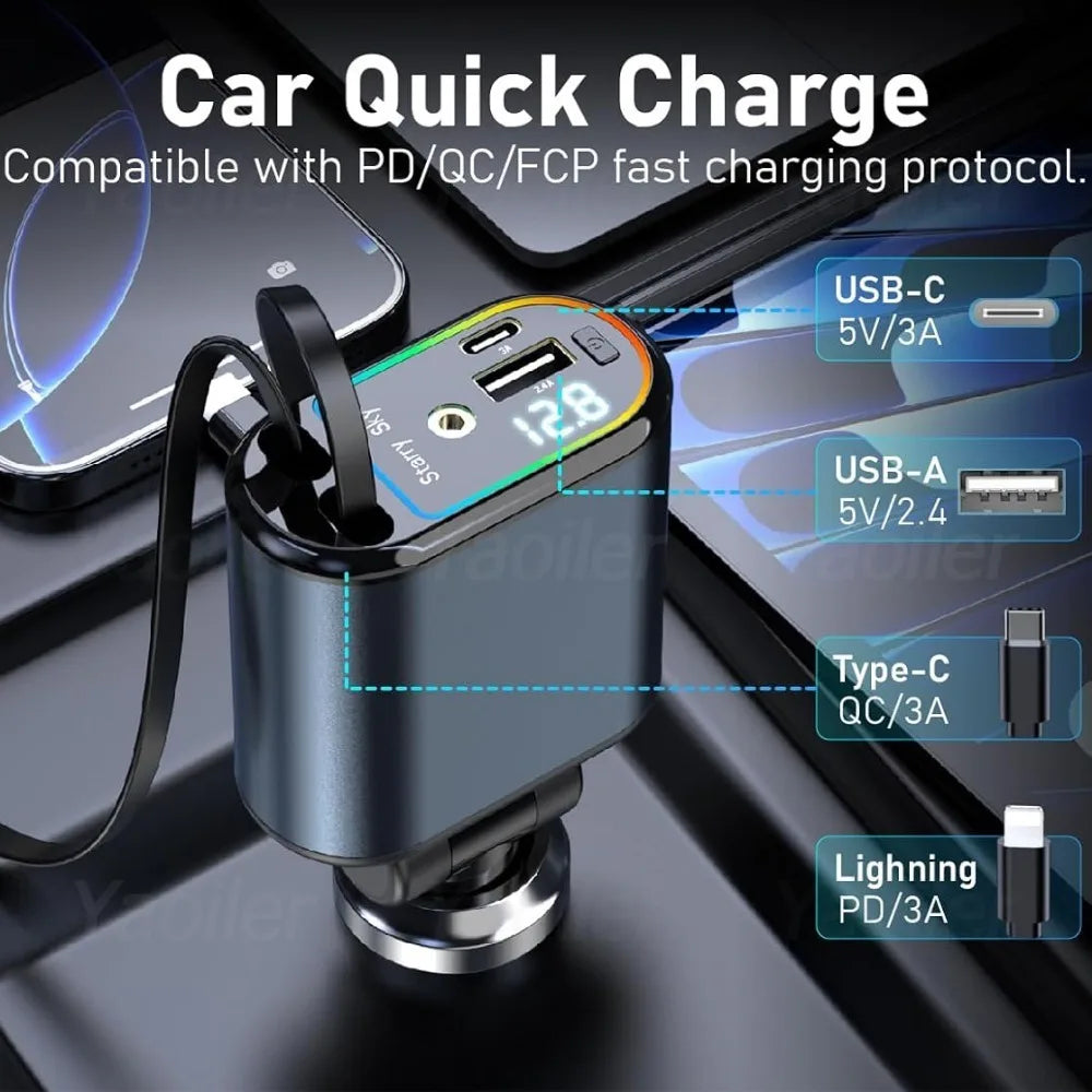 Starlight Retractable Car Charger,120W 4-in-1 Car Accessories,USB-C Fast Car Phone Charger Adapter with 2 USB Ports,for iPhone