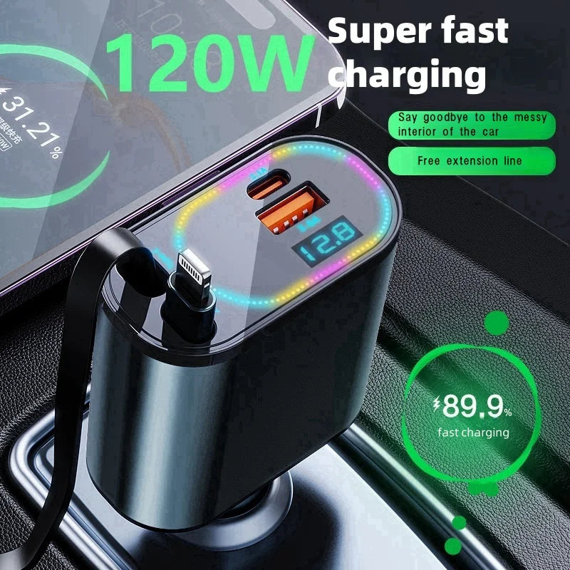Retractable Car Charger, 4 in 1 Fast Charging Car Charger 120W, Retractable Cable and 2 USB Ports Car Charger Adapter Compatible