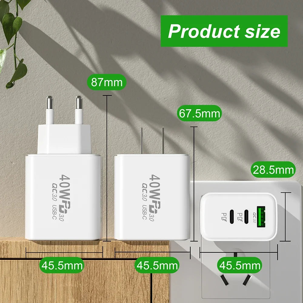 USB C Charger 40W Type-C PD Mobile Phone Fast Charging High Speed Quick Charge 3.0 Wall Charger Multiple Ports for iPhone Xiaomi