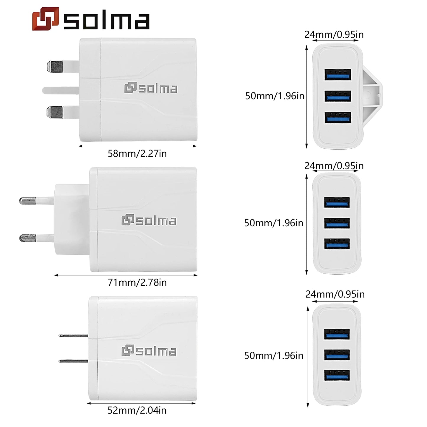 3-Port USB Charger Wall Charger, Multi USB Power Adapter for iPhone, Android Phones, Mobile Phones, Cameras and MP3