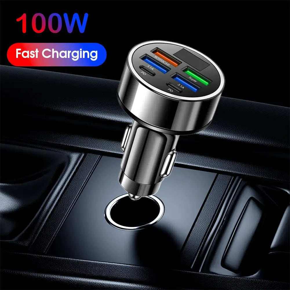 New PD Car Charger Fast Charge One to Six 6-in-1 Car Plug Car Charger Flash Charge With Digital Display