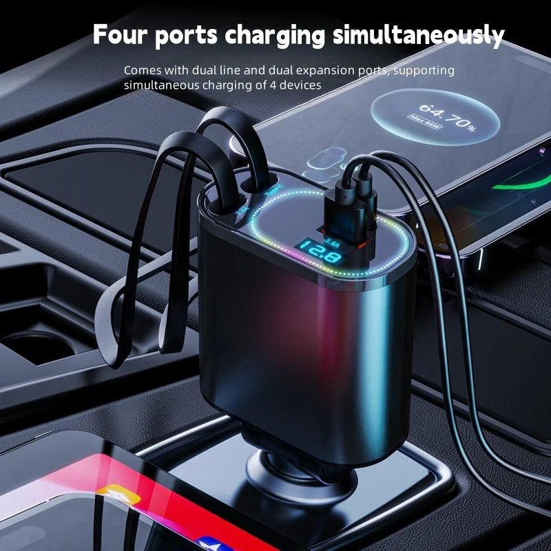 Retractable Car Charger, 4 in 1 Fast Charging Car Charger 120W, Retractable Cable and 2 USB Ports Car Charger Adapter Compatible