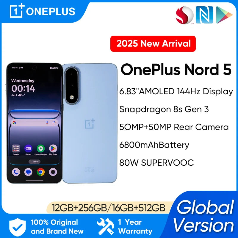 Global Version OnePlus Nord 5 Smartphone android Snapdragon 8s Gen 3 1.5K AMOLED Display 50MP LYT-700 Camera OxygenOS 15