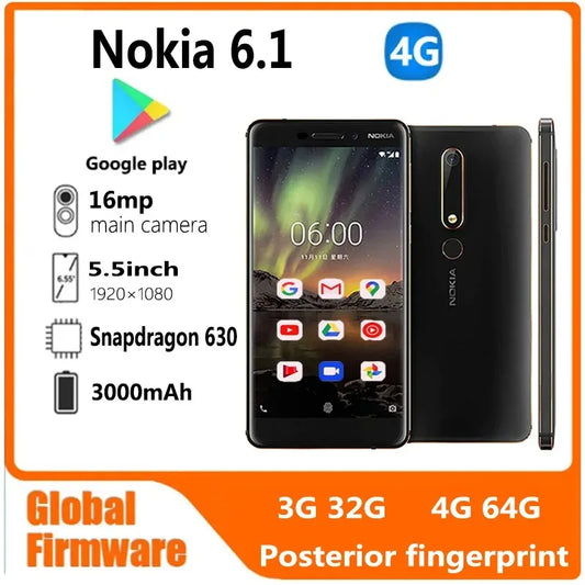 Nokia 6.1 Smartphone 5.5 Inches 3GB RAM 32GB ROM 16MP 1080P LTE 4G Single SIM Fingerprint Unlocked Android Cellphone Used Phone
