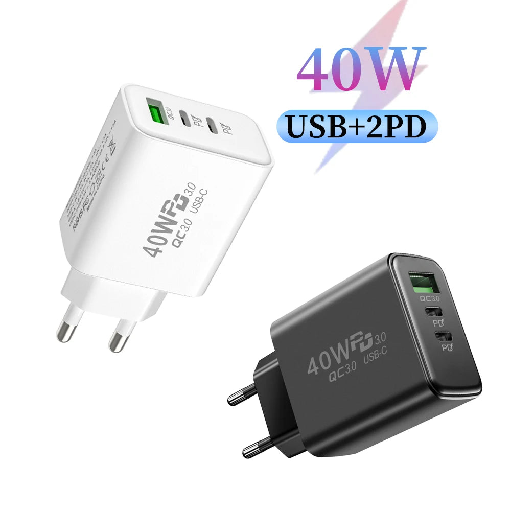 USB C Charger 40W Mobile Phone Type-C PD Fast Charging High Speed Quick Charge 3.0 Wall Adapter Multiple Ports for iPhone Xiaomi