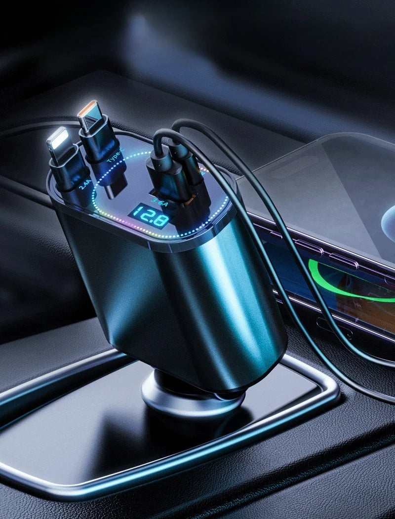 Retractable Car Charger, 4 in 1 Fast Charging Car Charger 120W, Retractable Cable and 2 USB Ports Car Charger Adapter Compatible