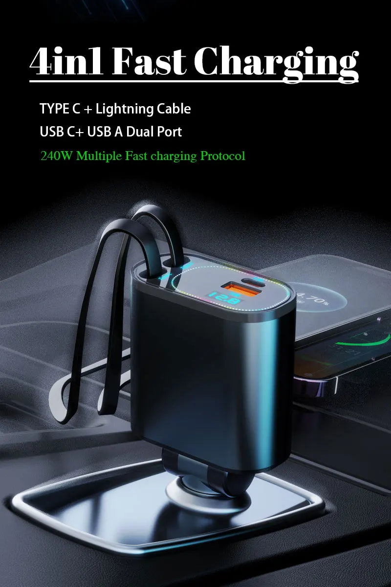 Retractable Car Charger: Car Accessories with Starlight in Car Roof, Car Chargers USB C, Fast Charging Adapter & Dual Charge Por