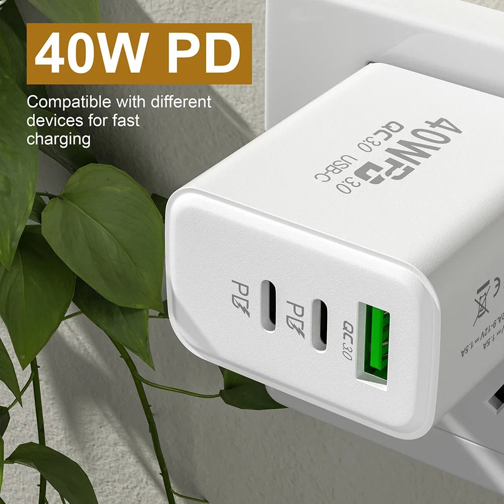 USB C Charger 40W Type-C PD Mobile Phone Fast Charging High Speed Quick Charge 3.0 Wall Charger Multiple Ports for iPhone Xiaomi