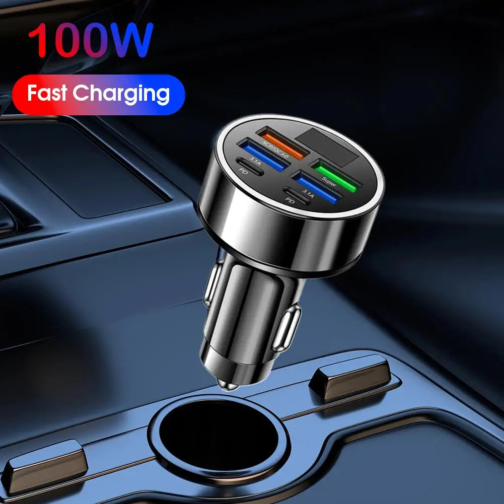 New PD Car Charger Fast Charge One to Six 6-in-1 Car Plug Car Charger Flash Charge With Digital Display
