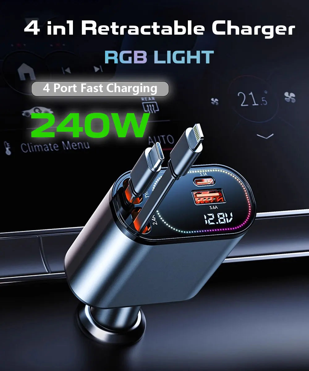 Retractable Car Charger: Car Accessories with Starlight in Car Roof, Car Chargers USB C, Fast Charging Adapter & Dual Charge Por