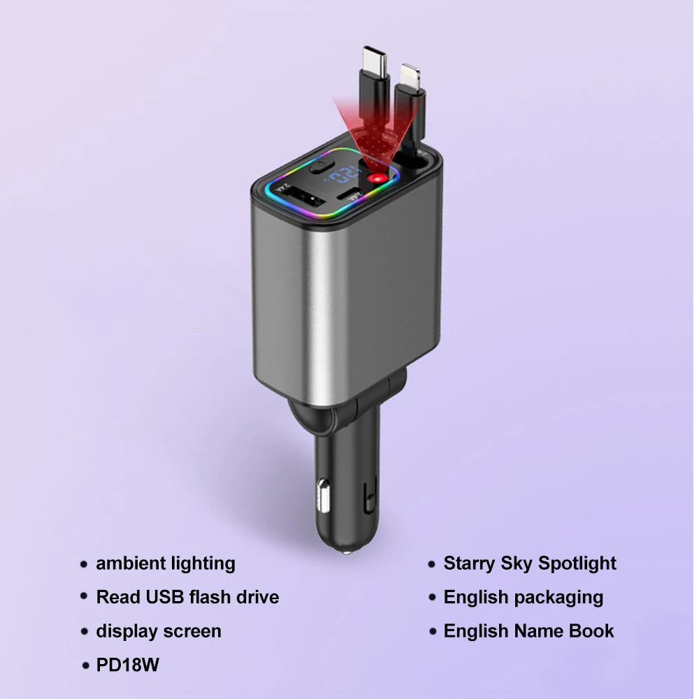 4IN1 Retractable Car Charger with Starlight Type-C Car Charger Adapter Car Phone Charger with Star Light For IOS Android Phones