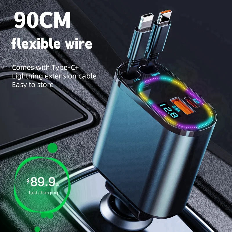 Retractable Car Charger, 4 in 1 Fast Charging Car Charger 120W, Retractable Cable and 2 USB Ports Car Charger Adapter Compatible