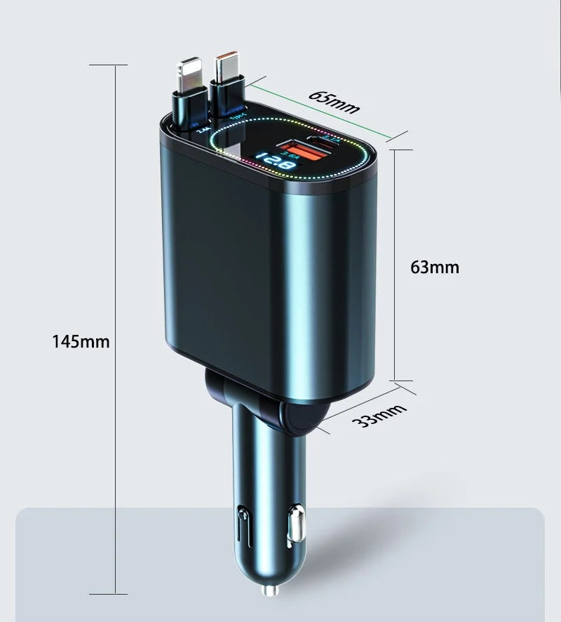 Retractable Car Charger, 4 in 1 Fast Charging Car Charger 120W, Retractable Cable and 2 USB Ports Car Charger Adapter Compatible