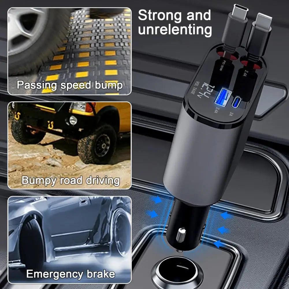 Fast Car Charger with Retractable Cable Over Temperature 180 Degree Adjustable Head Universal Car Charger Adapter