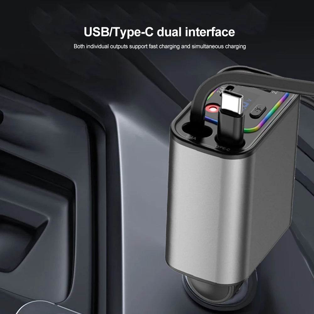 4IN1 Retractable Car Charger with Starlight Type-C Car Charger Adapter Car Phone Charger with Star Light For IOS Android Phones