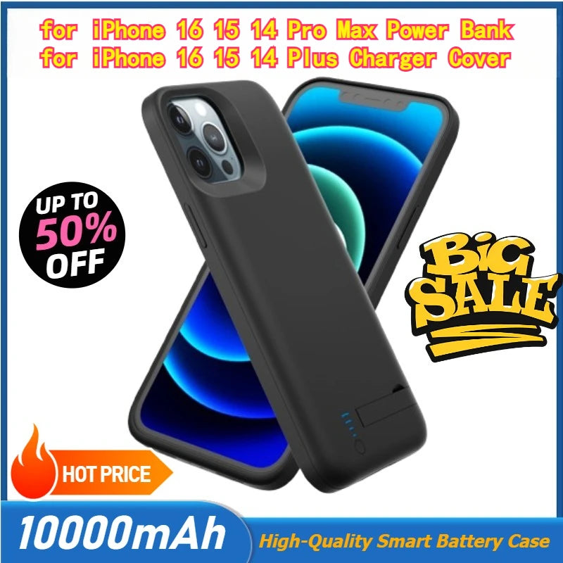 10000mAh Smart Battery Case for iPhone 16 15 14 Pro Max Portable Power Bank Charging Charger Cover for iPhone 16 15 14 Plus