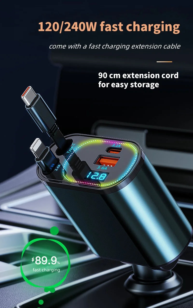 Retractable Car Charger, 4 in 1 Fast Charging Car Charger 120W, Retractable Cable and 2 USB Ports Car Charger Adapter Compatible