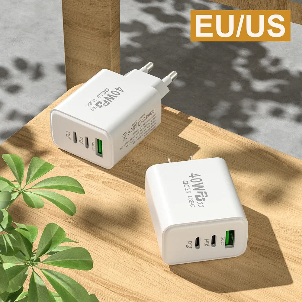 USB C Charger 40W Type-C PD Mobile Phone Fast Charging High Speed Quick Charge 3.0 Wall Charger Multiple Ports for iPhone Xiaomi