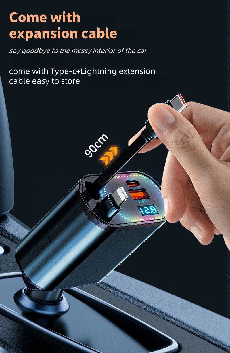 Retractable Car Charger, 4 in 1 Fast Charging Car Charger 120W, Retractable Cable and 2 USB Ports Car Charger Adapter Compatible