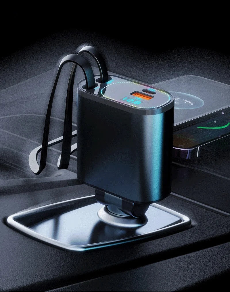 Retractable Car Charger, 4 in 1 Fast Charging Car Charger 120W, Retractable Cable and 2 USB Ports Car Charger Adapter Compatible