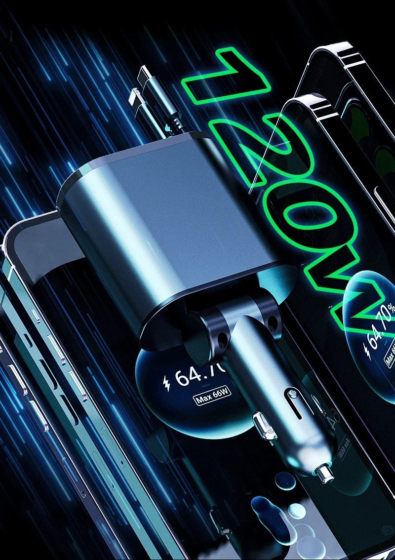 Retractable Car Charger, 4 in 1 Fast Charging Car Charger 120W, Retractable Cable and 2 USB Ports Car Charger Adapter Compatible