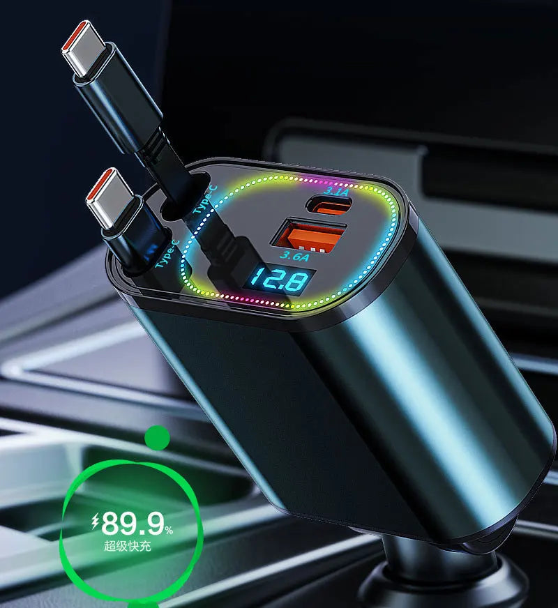 Retractable Car Charger: Car Accessories with Starlight in Car Roof, Car Chargers USB C, Fast Charging Adapter & Dual Charge Por