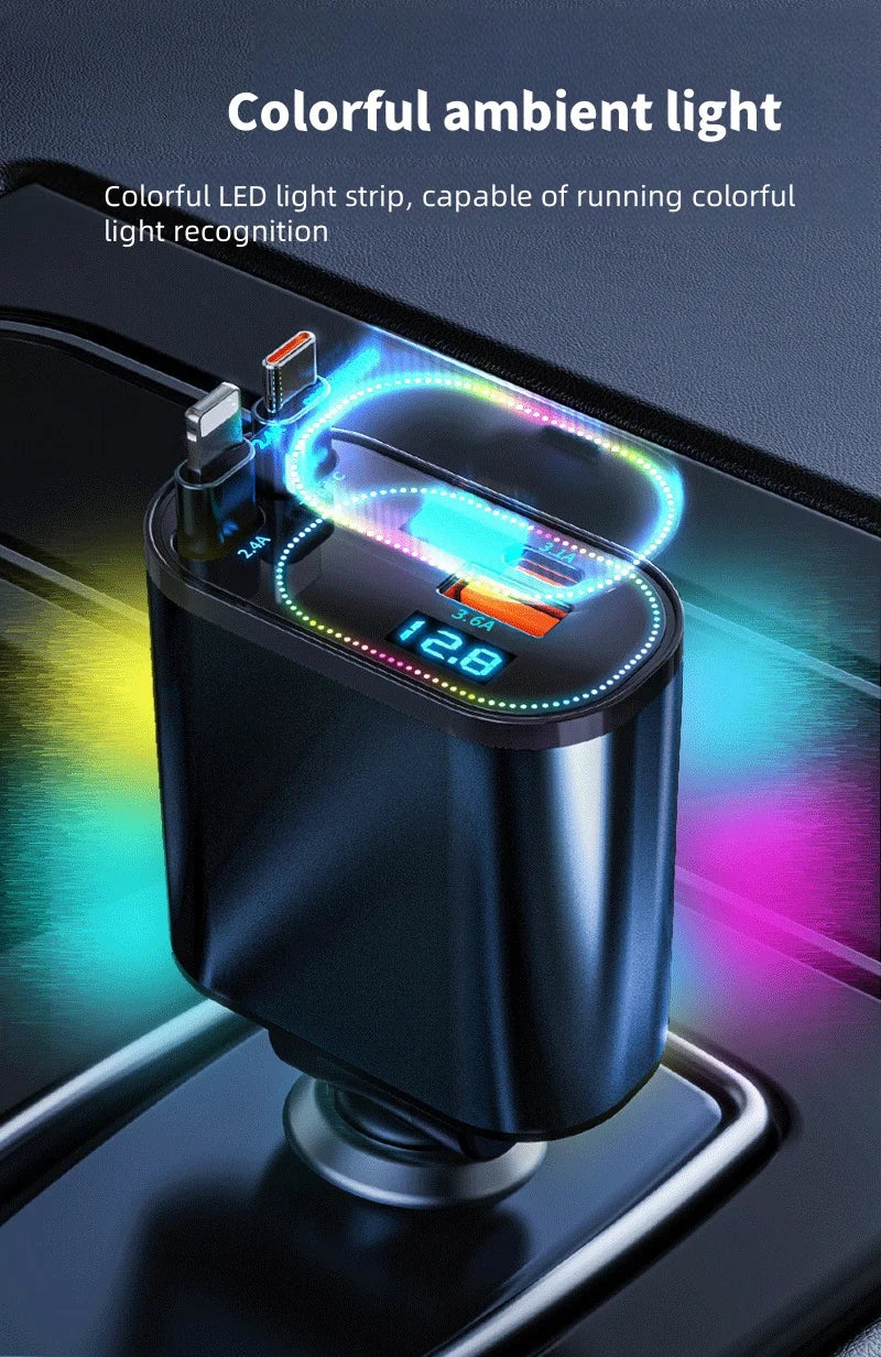 Retractable Car Charger, 4 in 1 Fast Charging Car Charger 120W, Retractable Cable and 2 USB Ports Car Charger Adapter Compatible