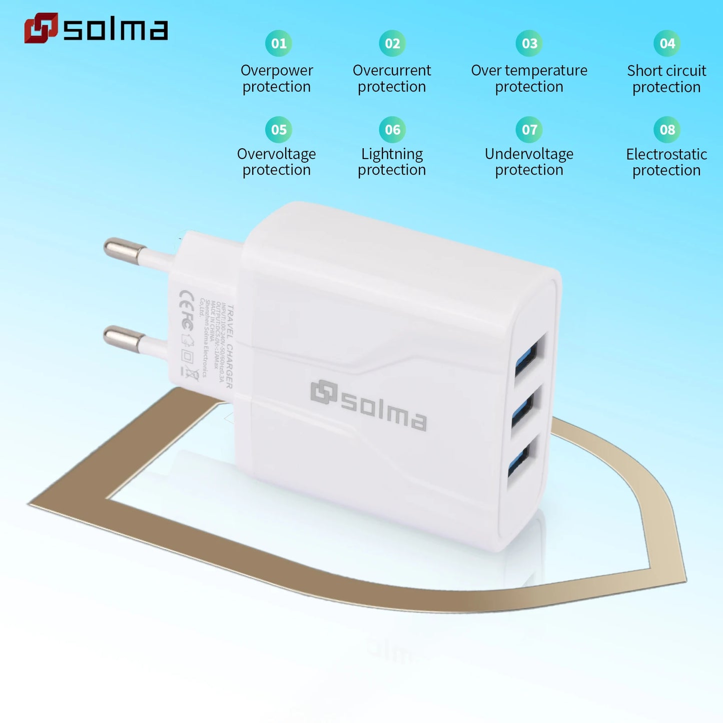 3-Port USB Charger Wall Charger, Multi USB Power Adapter for iPhone, Android Phones, Mobile Phones, Cameras and MP3