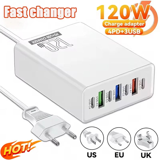 120W Fast Charging Mobile Phone Charger with 3USB+4PD Ports 5V4A Cable Compatible with Android Phones Huawei Tablets 2025 NEW
