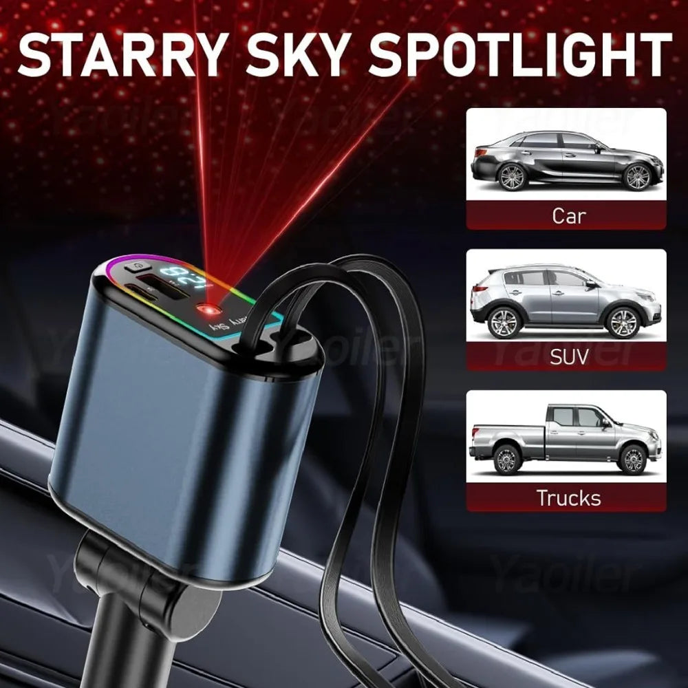 Starlight Retractable Car Charger,120W 4-in-1 Car Accessories,USB-C Fast Car Phone Charger Adapter with 2 USB Ports,for iPhone